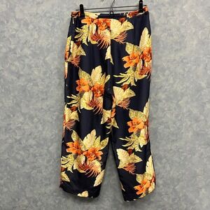 Vintage Piano Silk Floral Print High‎ Waist Wide Leg Pants Trousers Size 10